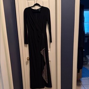 Lauren Ralph Lauren Black Long Sleeve Wrap Maxi Dress with Metallic Trim
